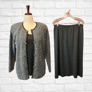 C.D. Daniels Gray 2-Piece Cardigan Sweater Set Tank/Jacket & Skirt 14/16 90s